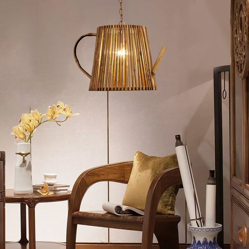 Teapot Lamp,Bamboo Pendant Light,Japan Lamp,Vintage Chandelier,Wicker Lamp Shade,Nature Light Fixture,Unique Rustic Lampshades,Vintage Lamp