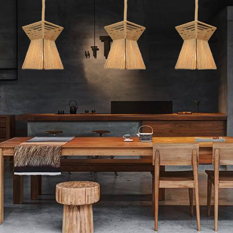 Jute Lamp Vintage Lights Decorative Rope Lamp Shade Ceiling Light Shade Combination Rattan Pendant Light Natural