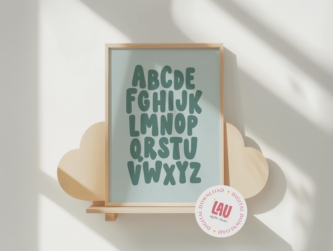 Alphabet Nursery Printable Wall Art - Teal on Light Blue/grey - Digital ...