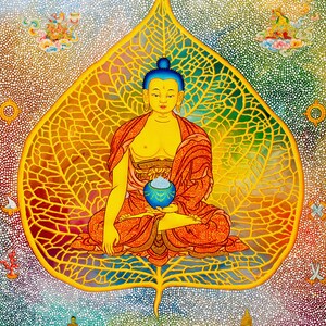 Bodhi Buddha by Karma Phuntsok, Shakyamuni Buddha, Thangka Art, Buddhist Art, Bodhi leaf Buddha, Buddhist art, Tibetan Art, Tibetan artist