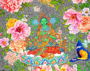 Green Tara with Butterfly by Karma Phuntsok, Buddhist Art, Peace Compassion Joy Love to All Beings Painting