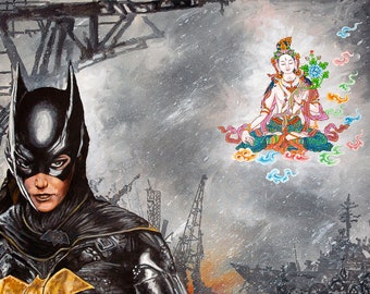 Bat Girl by Karma Phuntsok, Fine art print, Girl power, with White Tara, industrial Goddess, Superheroes, Goddess art,thangka art,Karma art