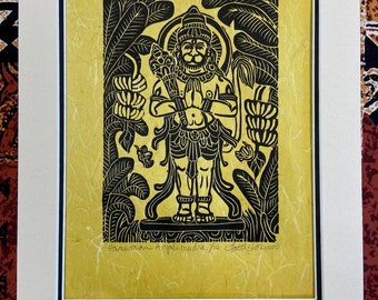 Hanuman in anjali mudra, Hanuman monkey king, friendship and devotion, Hanuman woodblock mokuhanga Hanuman 6x8 inch woodblock faithstoneart