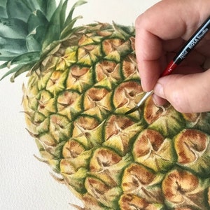 Pintura original de acuarela de piña, arte botánico, arte mural realista, cuadro pintado a mano