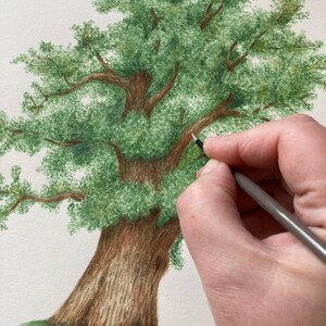 Pintura de acuarela de roble original, arte botánico, arte mural realista, cuadro pintado a mano