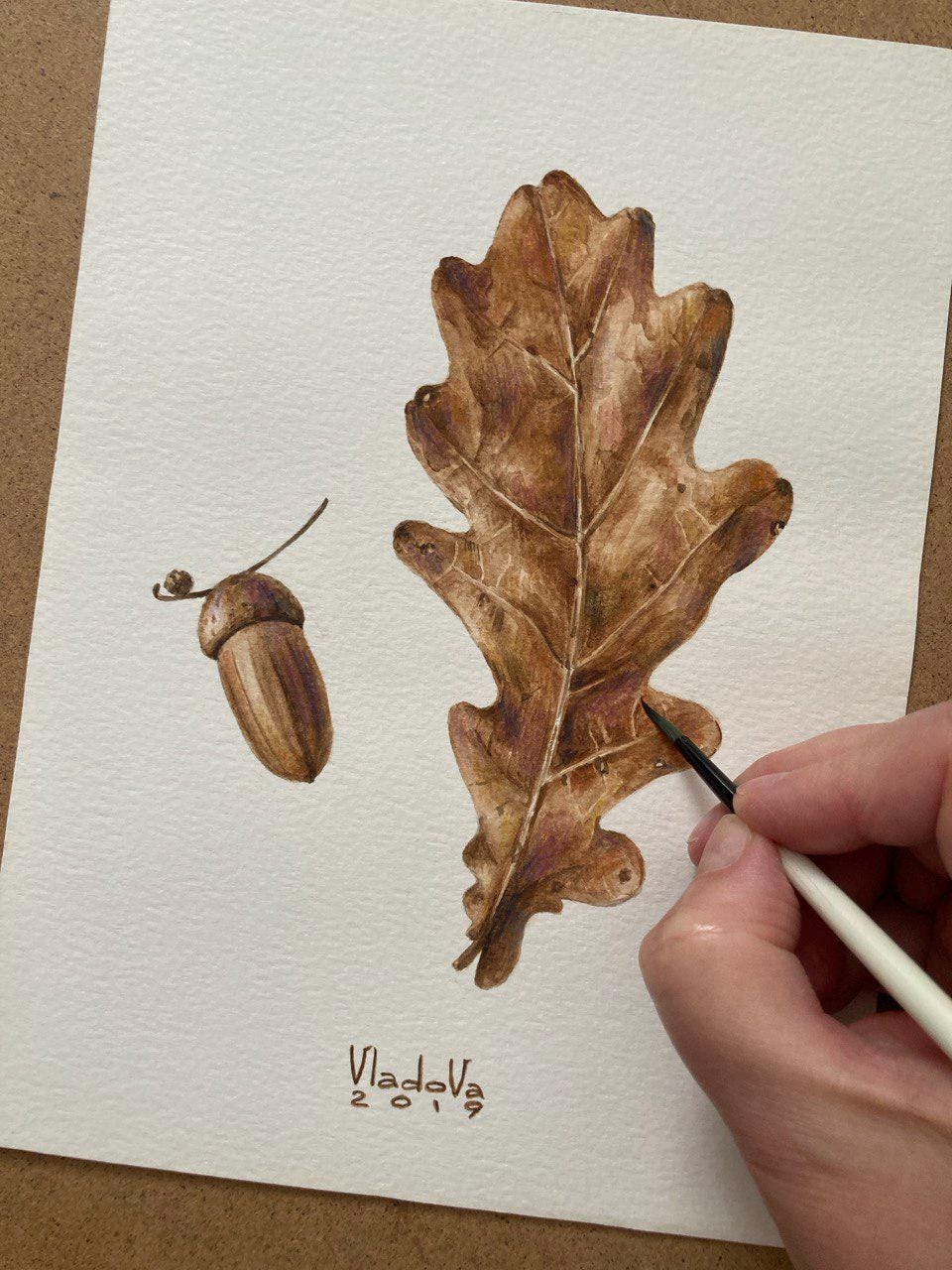 Аcorn Original Watercolor Painting Botanical Art Realistic Wall Art  Hand Painted Picture