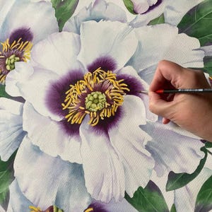 Pintura de acuarela de peonías originales, arte botánico, arte mural realista, cuadro pintado a mano