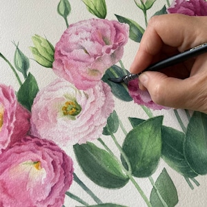 Pintura original de acuarela de Eustoma, arte botánico, arte mural realista, cuadro pintado a mano