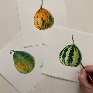 Original Kürbisse Aquarell Gemälde Botanische Kunst Realistische Wandkunst Handgemaltes Bild