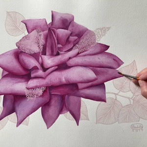 Original Rose Watercolor Painting  Art Realistic Wall Art  Hand Painted Picture Ink Pen