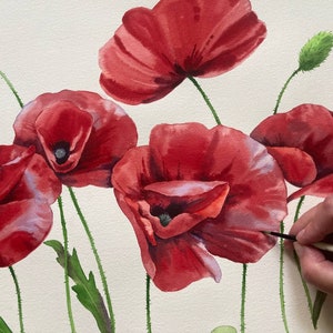 Amapolas originales, acuarela, arte botánico, arte mural realista, cuadro pintado a mano