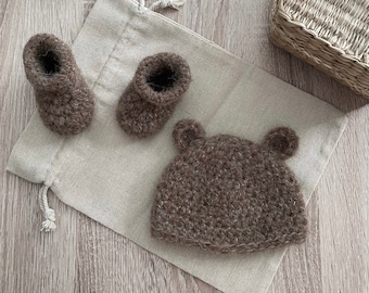 Ensemble bonnet et chaussons, chaussons au crochet, bonnet crochet, ensemble naissance, bébé