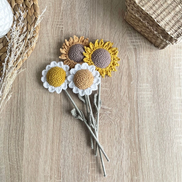 Fleurs, tournesol, marguerite, fleur au crochet, décoration fleurs