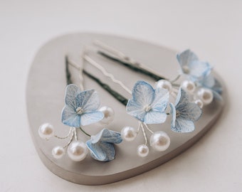 Blue Hydrangea Pearl hair pins Floral hair piece