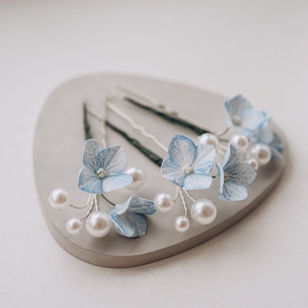 Blue Hydrangea Pearl hair pins Floral hair piece