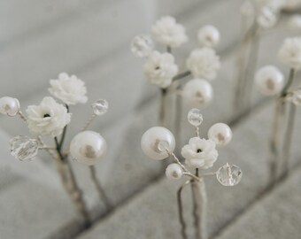 Set of 5 Bridal Hair Pins, Pearl and Babys Breath Wedding Hair Piece