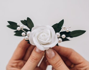 Eucalyptus bridal hair comb Pearl hair piece White rose headpiece