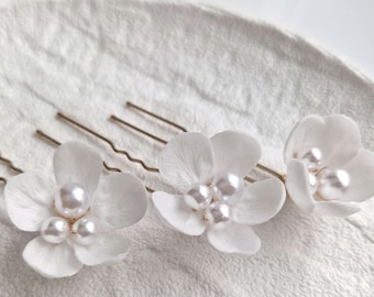 Bridal Hair Pins, White Flower Pearl Wedding Hair Accessory