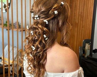 Conjunto de horquillas para el cabello de novia con flores de paniculata, accesorios para el cabello de boda con gypsophila, horquillas florales blancas, accesorios para el cabello de damas de honor, peinado de novia bohemio