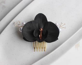 Black Orchid wedding hair comb, Gothic hair piece