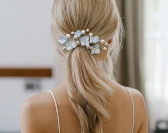 Something Blue Hydrangea Pearl hair pins Set Floral hair piece