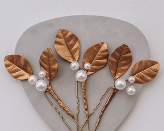 Bridal hair pins Gold leaf, Pearl hair pins,Wedding hair piece