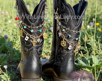 Western Boot Chains with Charms, Gold Cowgirl Boot Jewelry, Turquoise Boot Accessories, Rodeo Outfit, Country Concert Style, Texas Rodeo