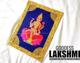 Goddess Lakshmi Photo Frame decorated with Rhinestones, Goddess of wealth and Beauty, Indian Hindu Deity Goddess Lakshmi Wall Decor, A3 Size