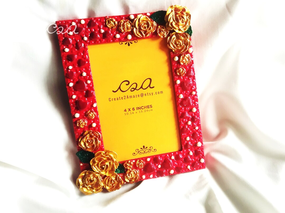 Rose Photo Frame Red Hearts Frame Golden Rose Picture Frame Etsy
