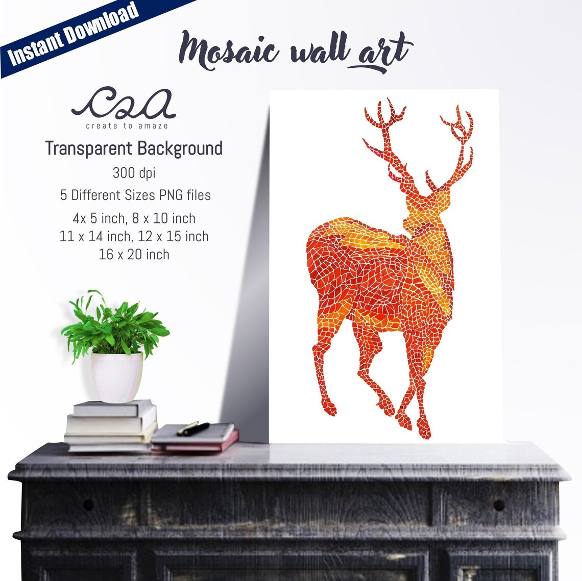 Deer Mosaic Painting wall art set of 2 Watercolor animal art Etsy