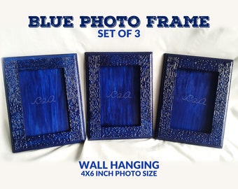 4x6 Frame, Blue Photo Frame set of 3, Picture frame, Wooden photo frame, Office table decor, Photo Gallery, Hand painted frame, Frame Set