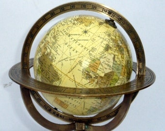 Vintage handmade antique brass armillary world globe collectible tabletop decor with wooden base