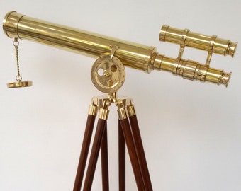 Antique double barrel telescope navy brass with tripod stand beautiful gift item