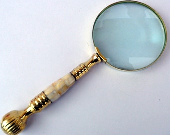 Vintage Style Brass & Mother Of Pearl Magnifying Glass Magnifier Map Reading