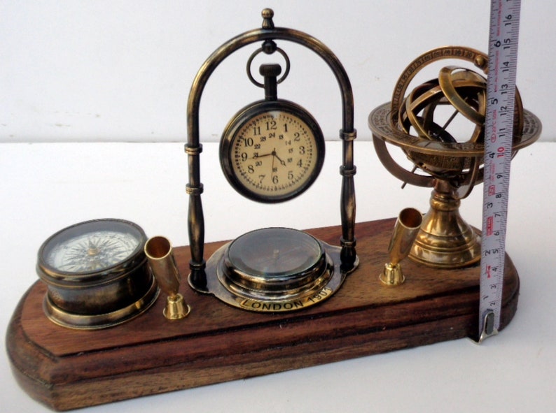Antique brass table top clock with pen holder compass armillary sphere globe clock desk top wooden base image 7