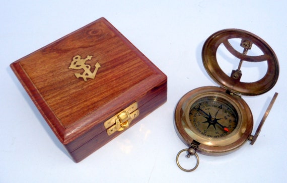 Antique Nautical Brass Beautiful Nautical Push Button Compass With Wooden Box