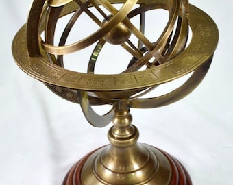 Brass Armillary Sphere Astrolabe On Wooden Base Maritime Nautical Decor