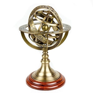 Brass Armillary Sphere Astrolabe On Wooden Base Maritime Nautical Gift