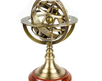Brass Armillary Sphere Astrolabe On Wooden Base Maritime Nautical Gift