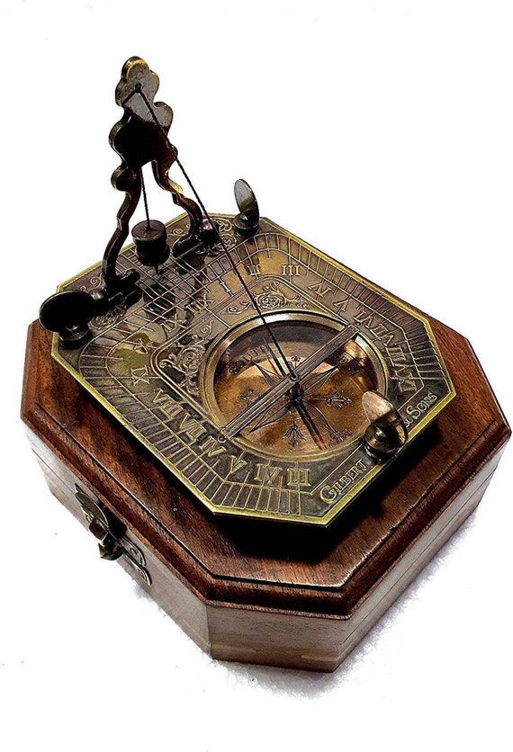 Antique Nautical Marine Brass Square Sundial Compass with Wooden Box Desk Decor 