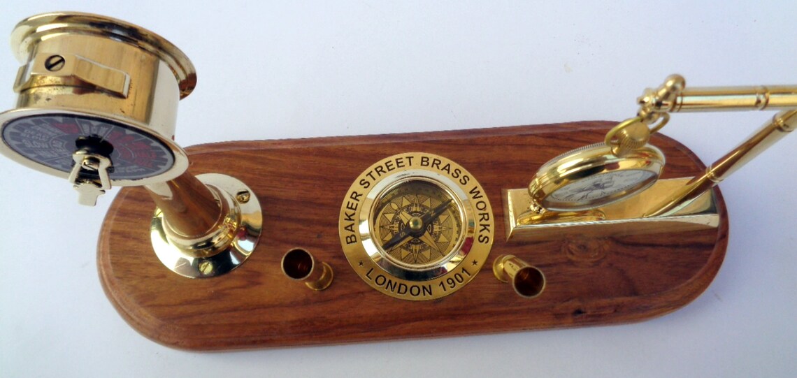 Collectible Brass Pen Holder Clock Compass Table Top Home Etsy