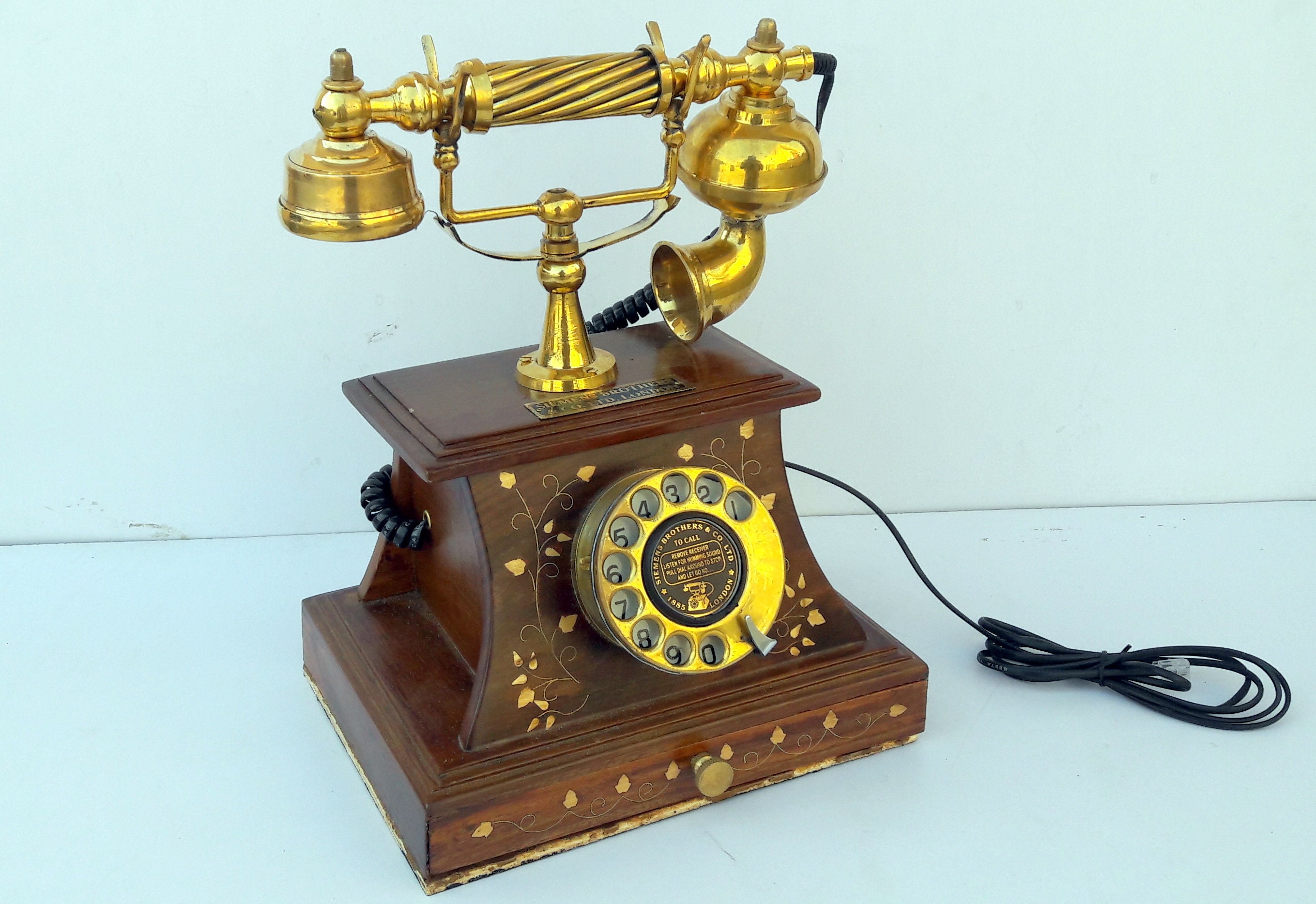 Beautiful Wooden Clock Vintage Antique Nautical Solid Victorian Brass Rotary Dial Working Telephone