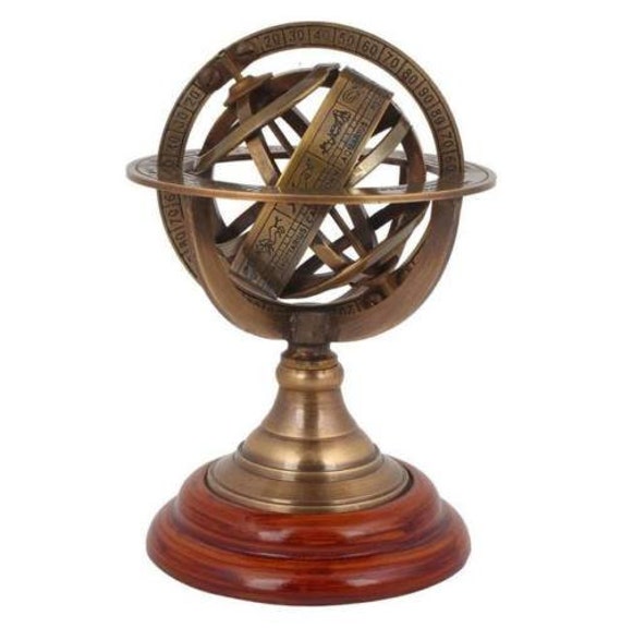 Antique Astrolabe Brass Armillary Sphere Vintage Wooden Base Antique Astrolabe Brass Armillary, Antique Armillary Sphere