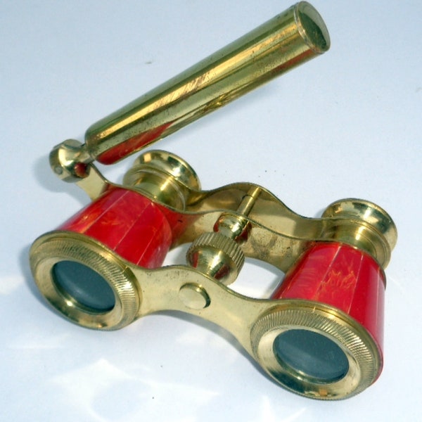 Brass binocular opera glasses mother of pearls design, adjustable focus and handle