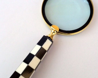 Antique Replica Style Beautiful Black & White Checkered Handle Magnifying Glass Home Decor