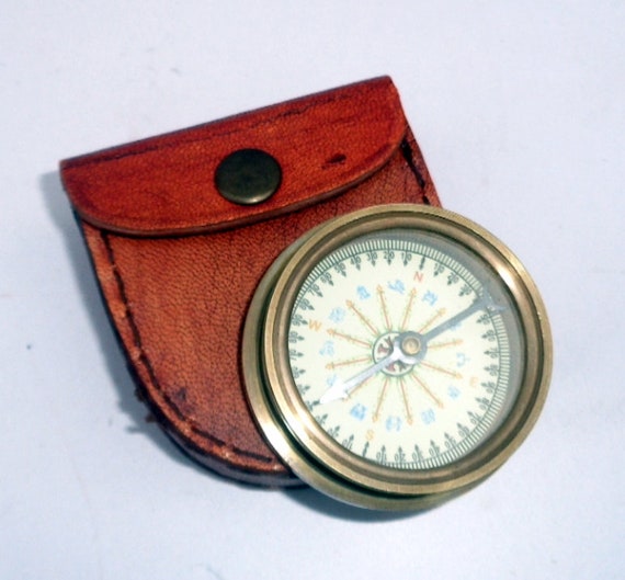 Nautical Vintage Brass maritime Antique Flat Compass w// Leather Case Great Gift