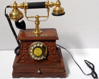 Wooden And Brass Working Handmade Vintage Style Working Rotary Dial Telephone Collectible & Gift Item