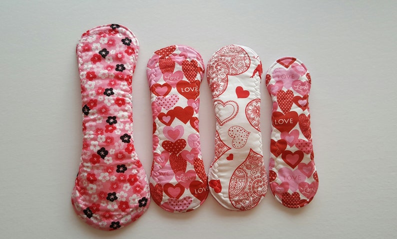 Set of 4 Size Sampler Multi FloralHeartsPassion 100/% Cotton Cloth Menstrual Pads