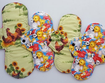 Set of 4 100% Cotton Cloth Menstrual Pads (Roosters, Hens & Sunflowers/ Happy Zoo) 10 inch and 12.5 inch