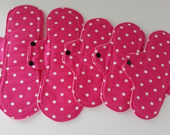 Set of 5   100% Cotton Cloth Menstrual Pads  Hot Pink Polka Dots Light/Heavy/Overnight/Postpartum